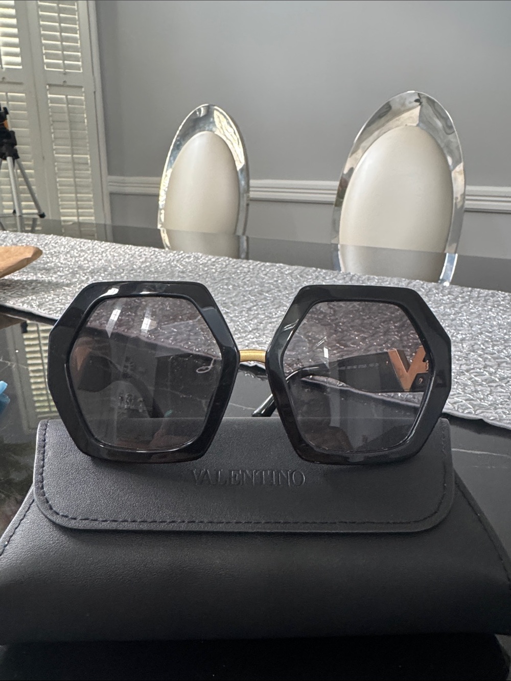 Valentino Black Geometric Hexagon Sunglasses